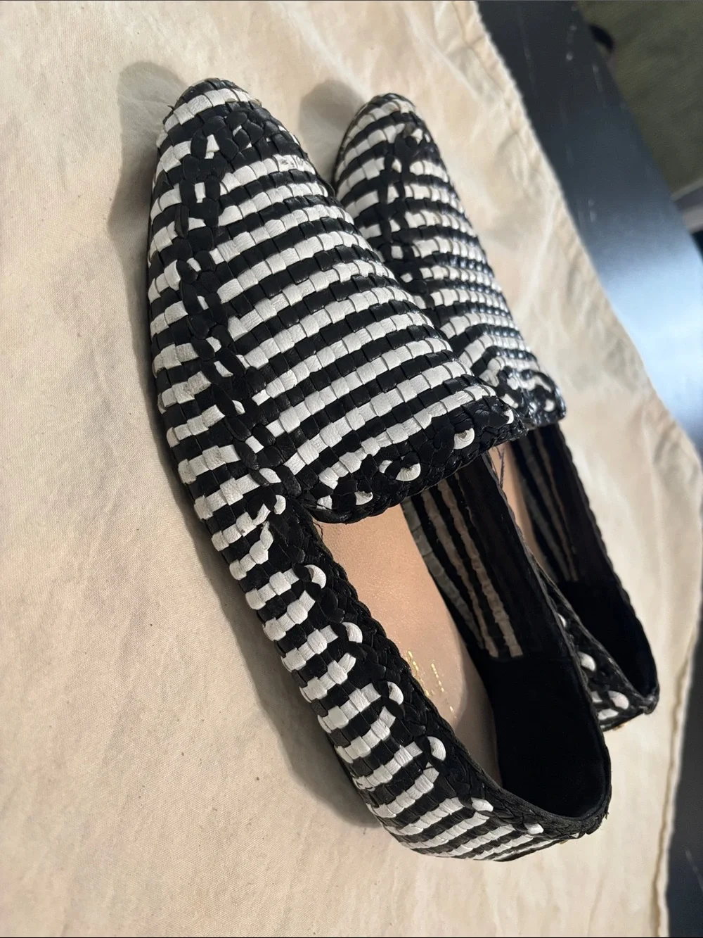 kate spade black & white woven slip-on loafers